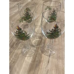 Spode Wine Glasses Set Of 4 Christmas Tree / Holly 12 Ounce 7 1/4" Gold Rim